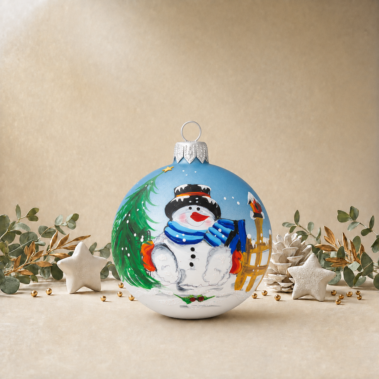 Snowman with Blue Scarf & Fence - Baby Blue back