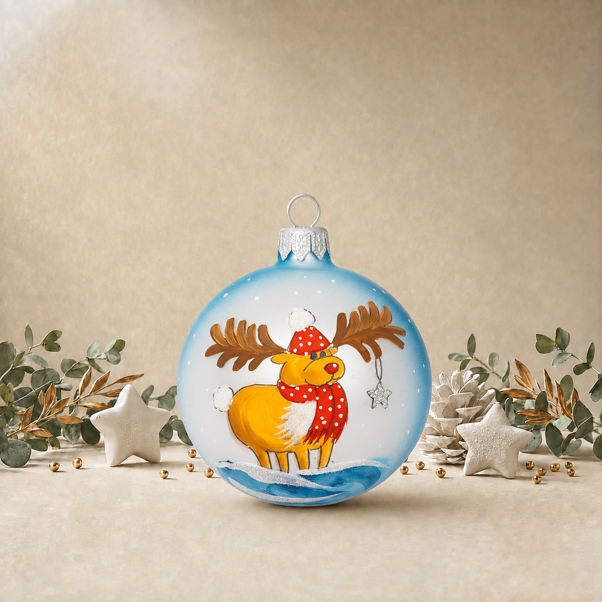 Jolly Reindeer with White Star Hanging from Horns - Baby Blue back