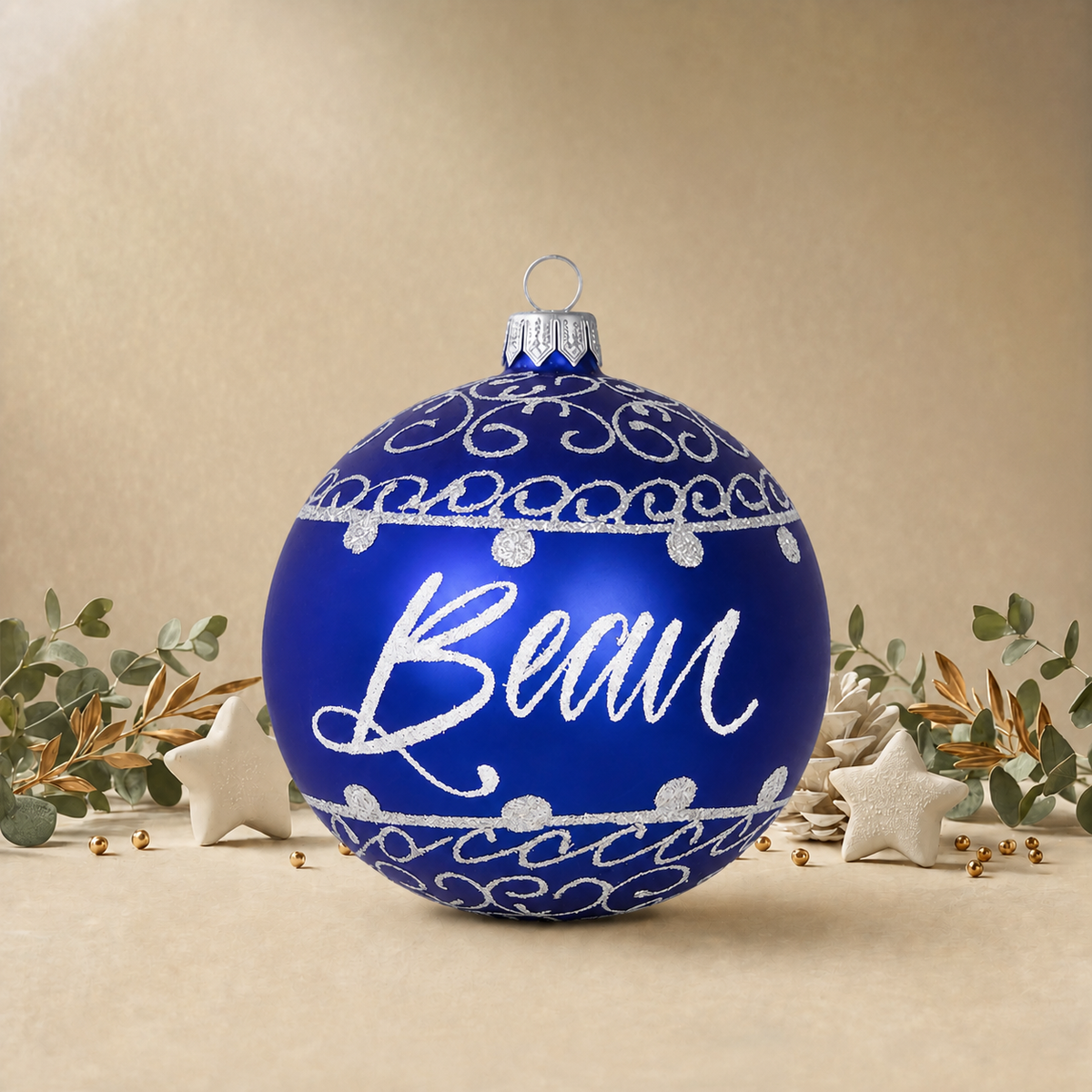 Large Dark Blue Bauble with Silver Ornamental Pattern front