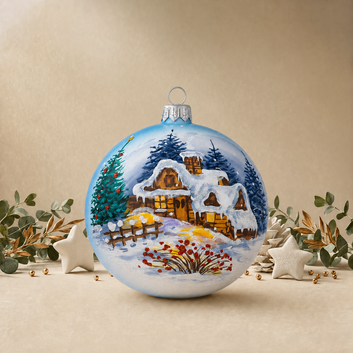 Hand Painted Snow Covered House - Blue back