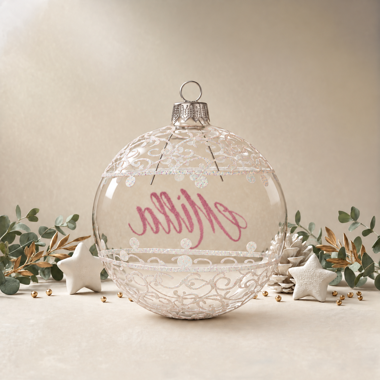Clear Bauble with White Ornamental Pattern