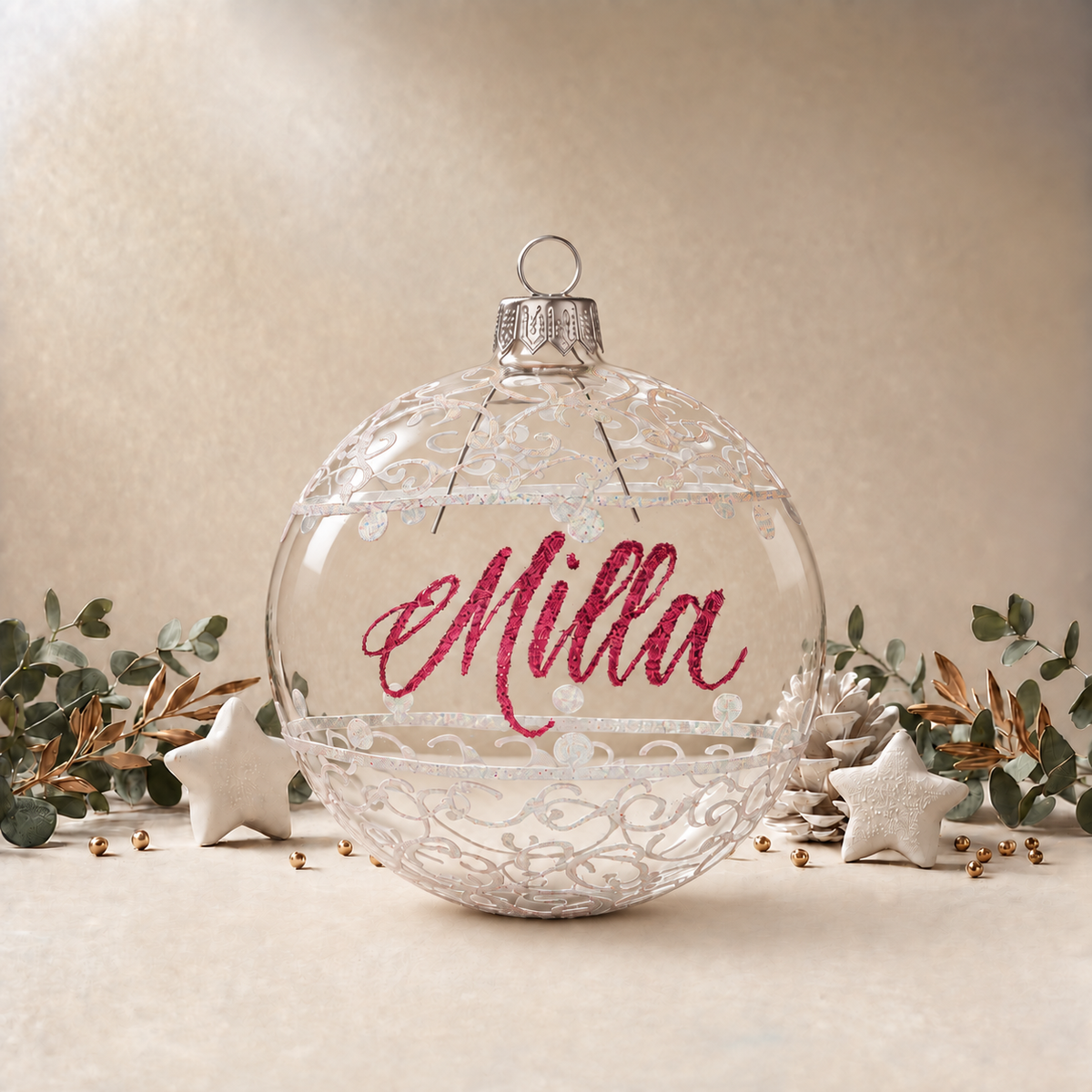 Clear Bauble with White Ornamental Pattern