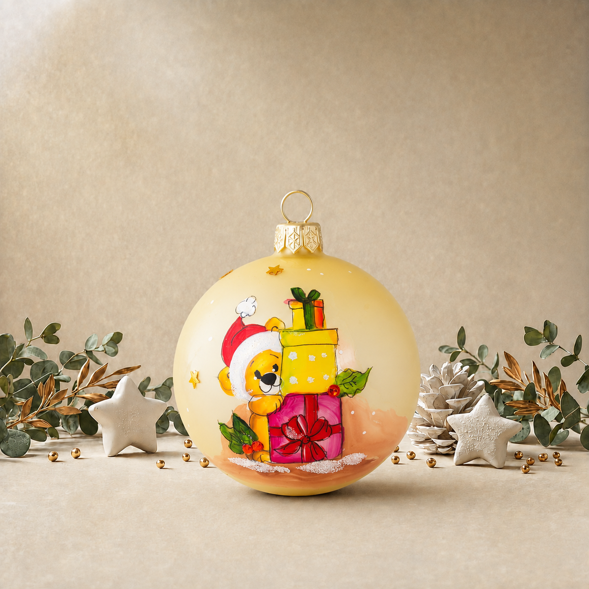 Teddy Bear Holding Large Presents - Cream back