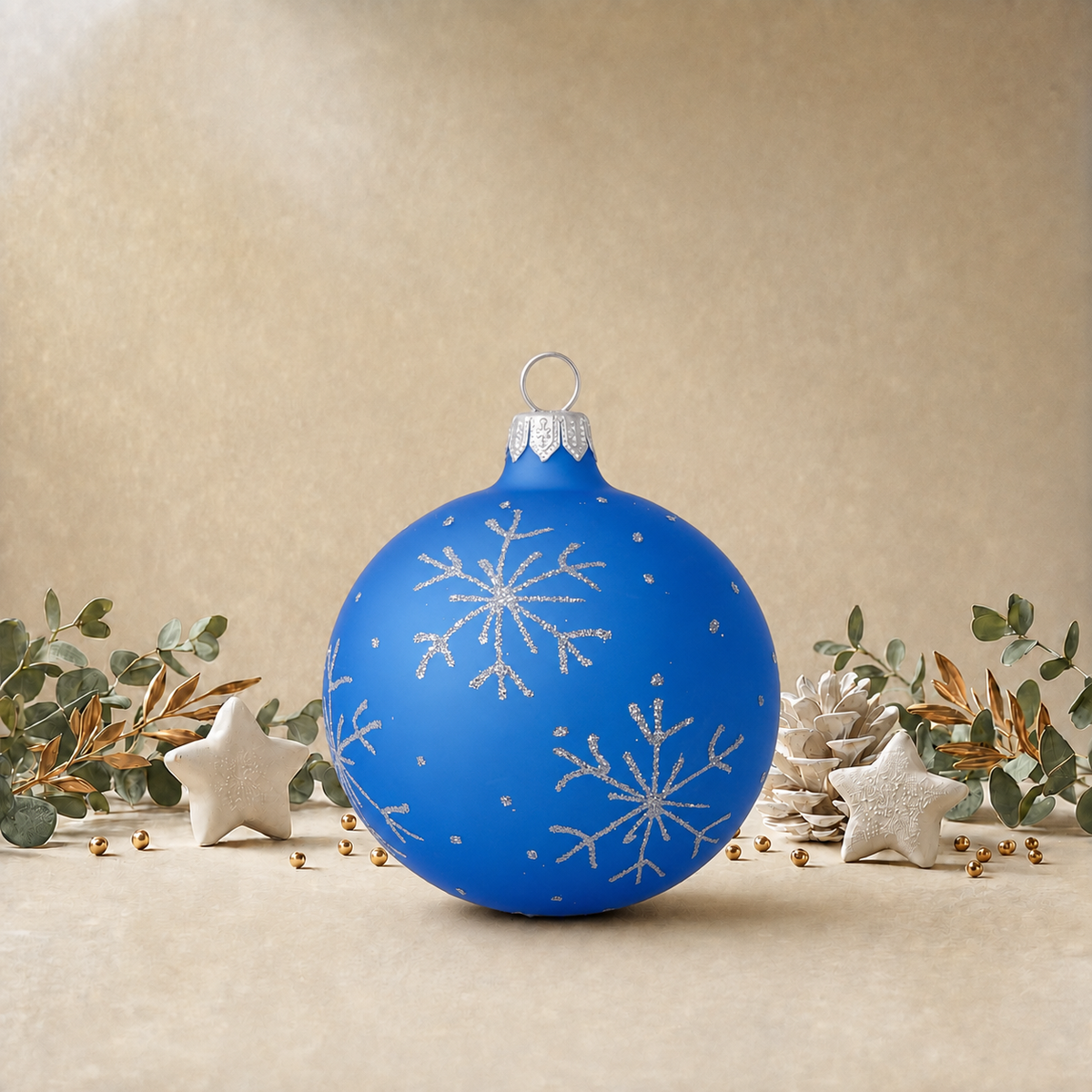 Medium Frosted Baby Blue Bauble with Silver Snowflakes back