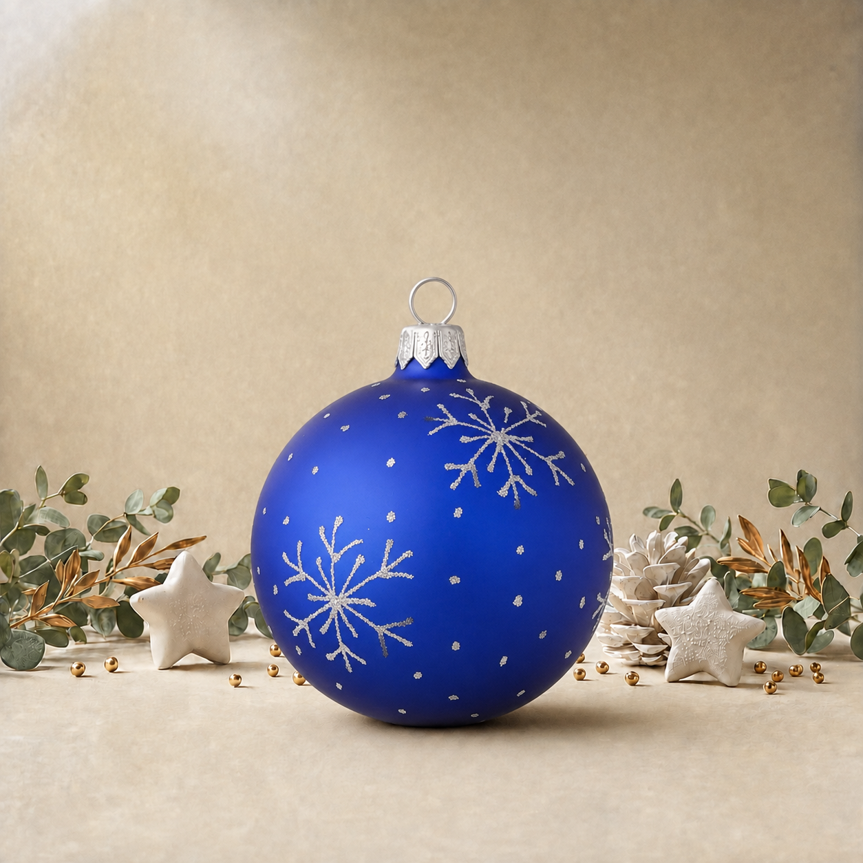 Frosted Blue Bauble with Silver Snowflakes back