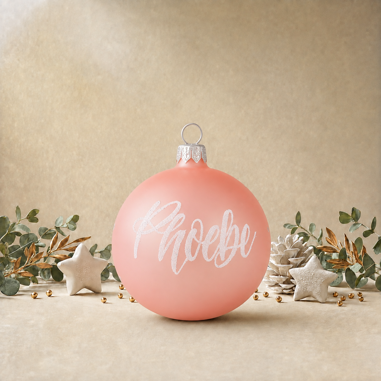 Frosted Baby Pink Bauble with White Snowflakes front