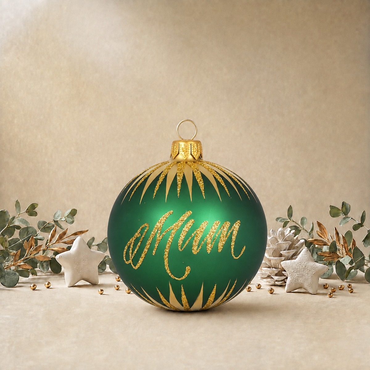 Green Bauble with Gold Icicles front