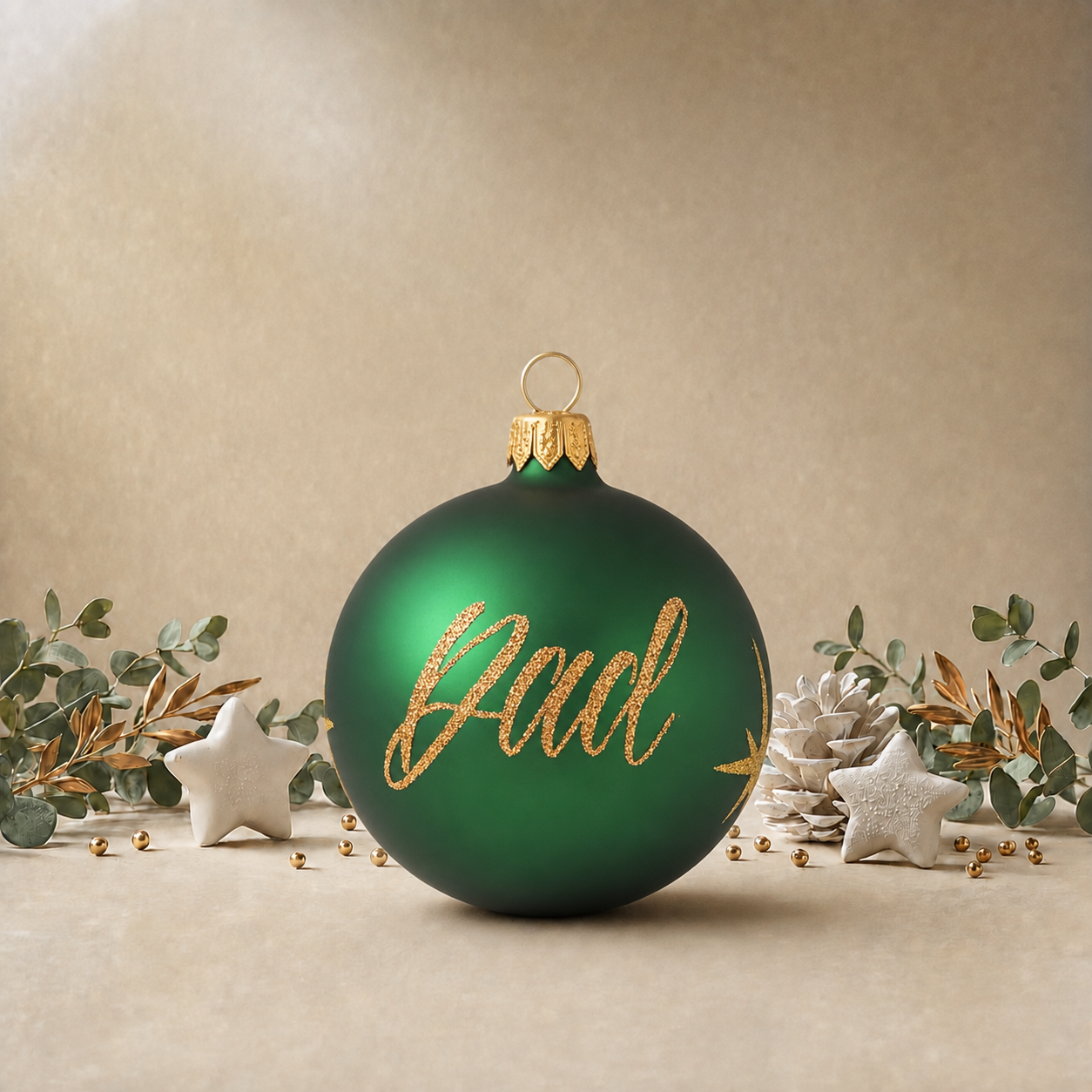 Green Bauble with Gold Stars front