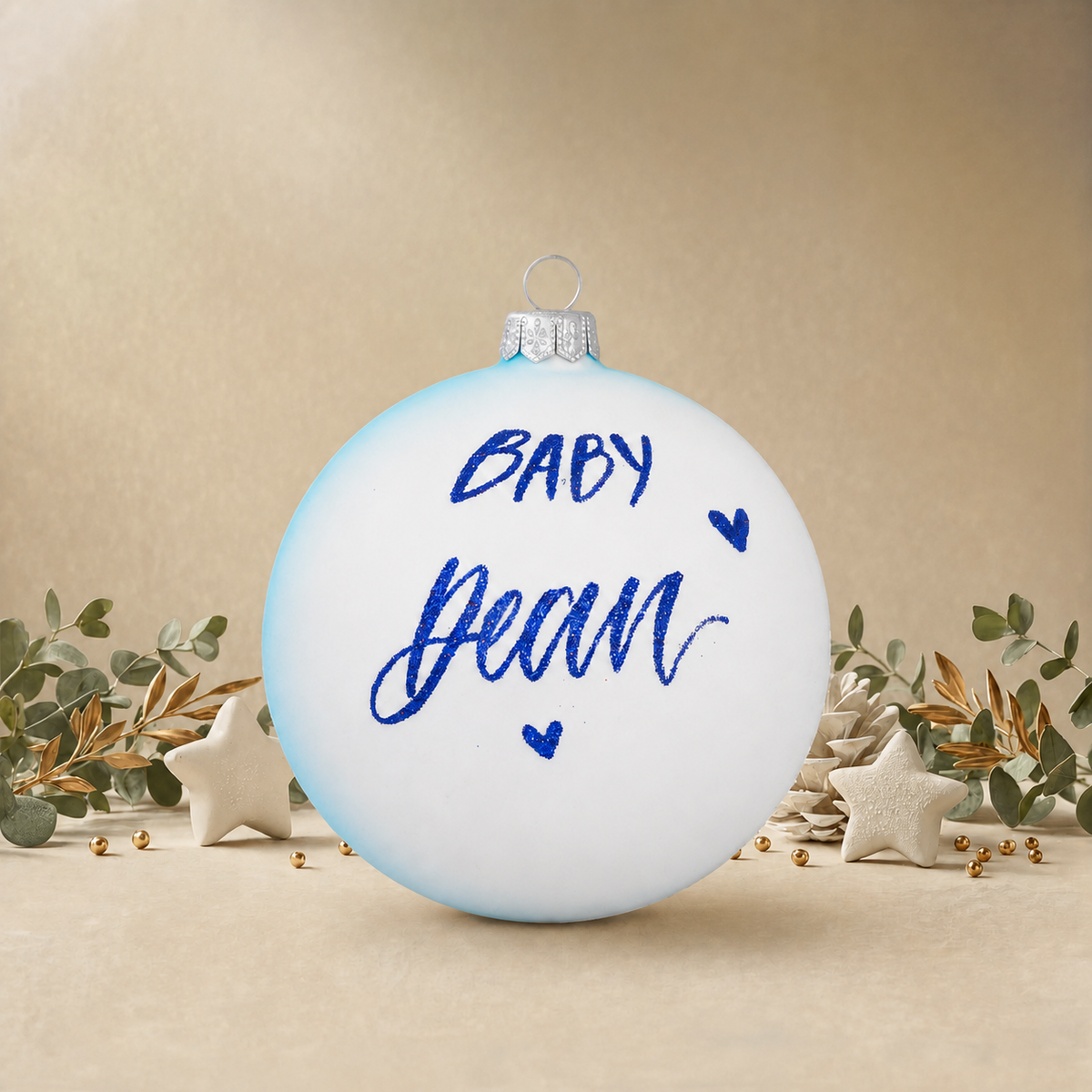 Large Baby Blue Bauble with Teddy Bear & Blue Present front