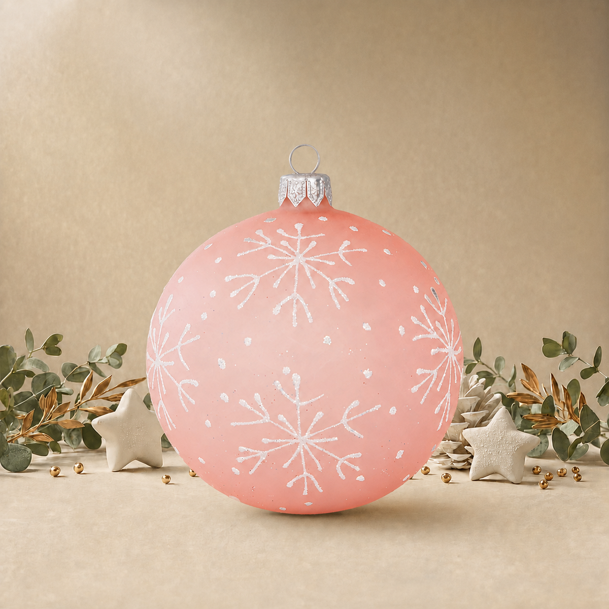 Frosted Baby Pink Bauble with White Snowflakes