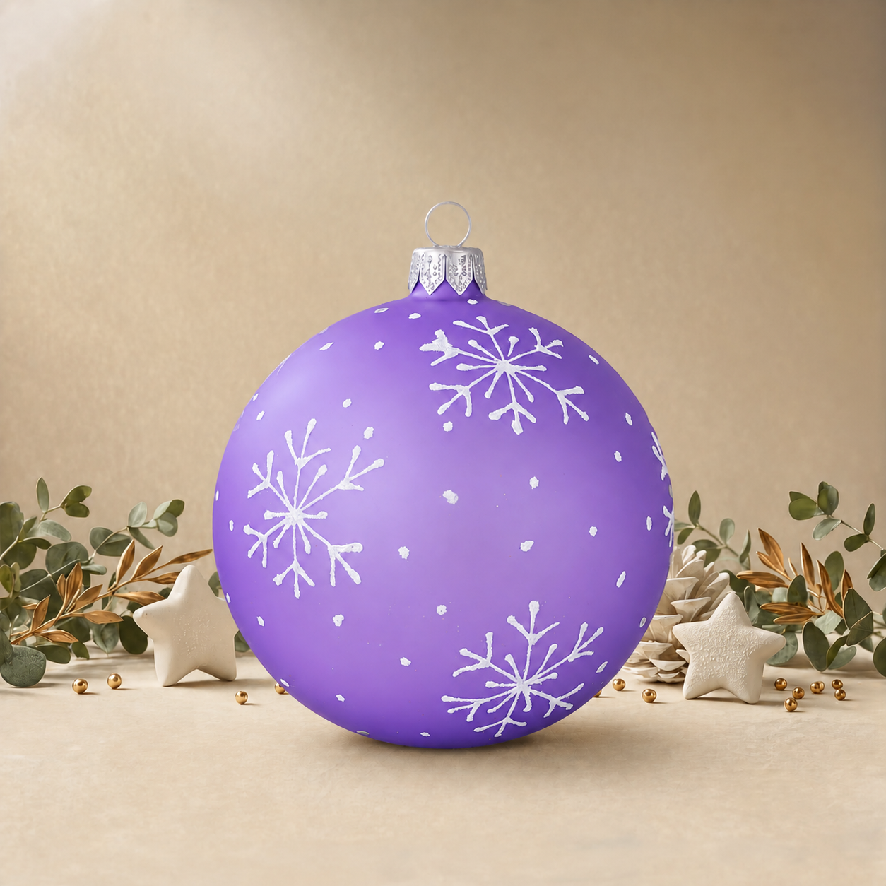 Large Frosted Lavender Bauble with White Snowflakes