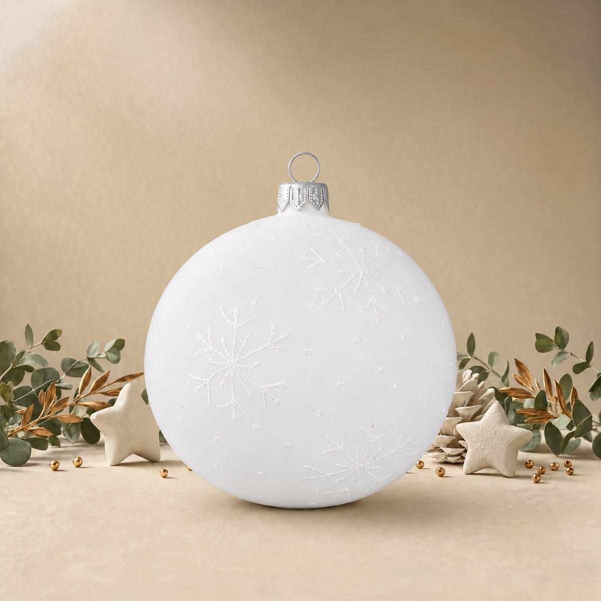 Frosted Matte White Bauble with Snowflakes back