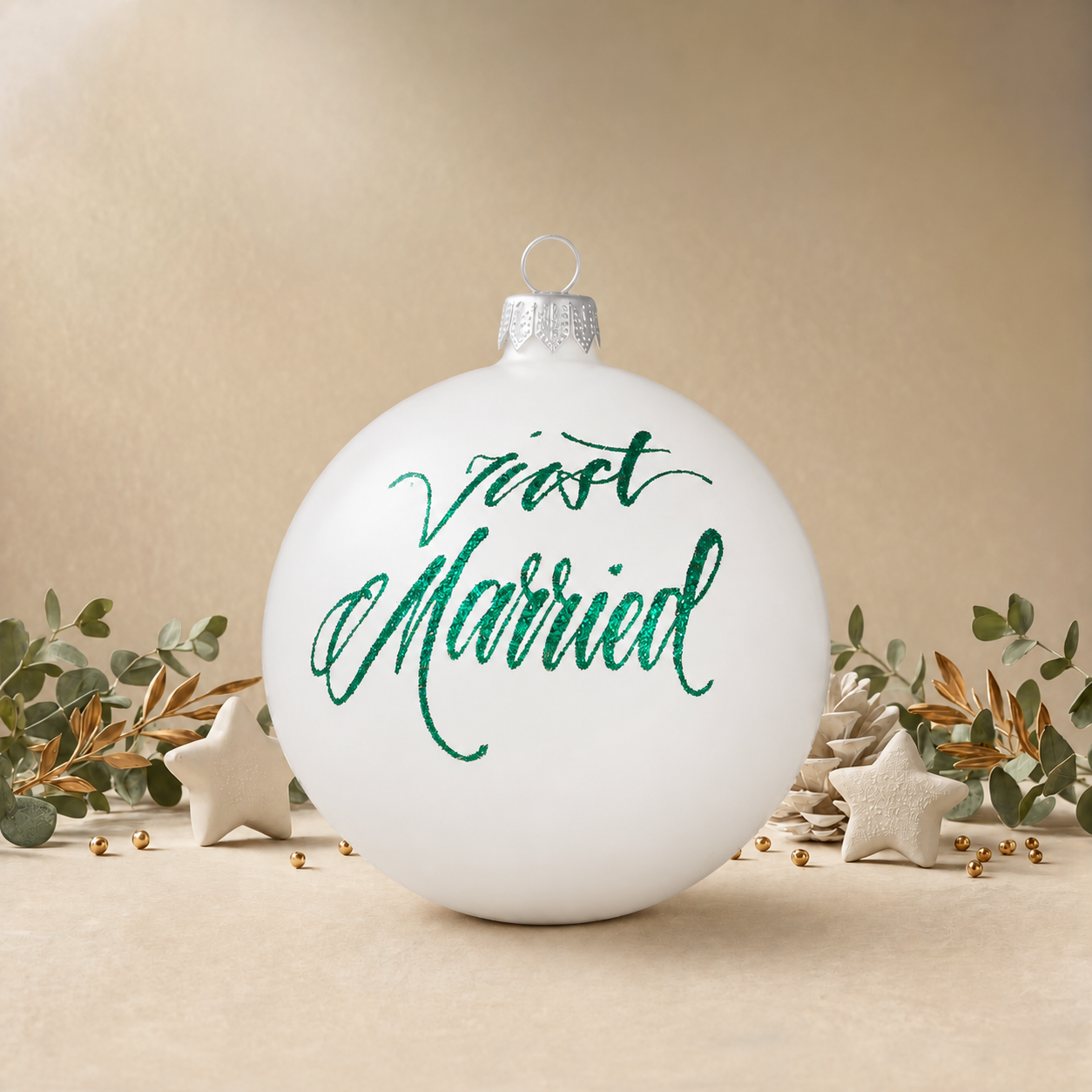 Frosted Matte White Bauble with Snowflakes front