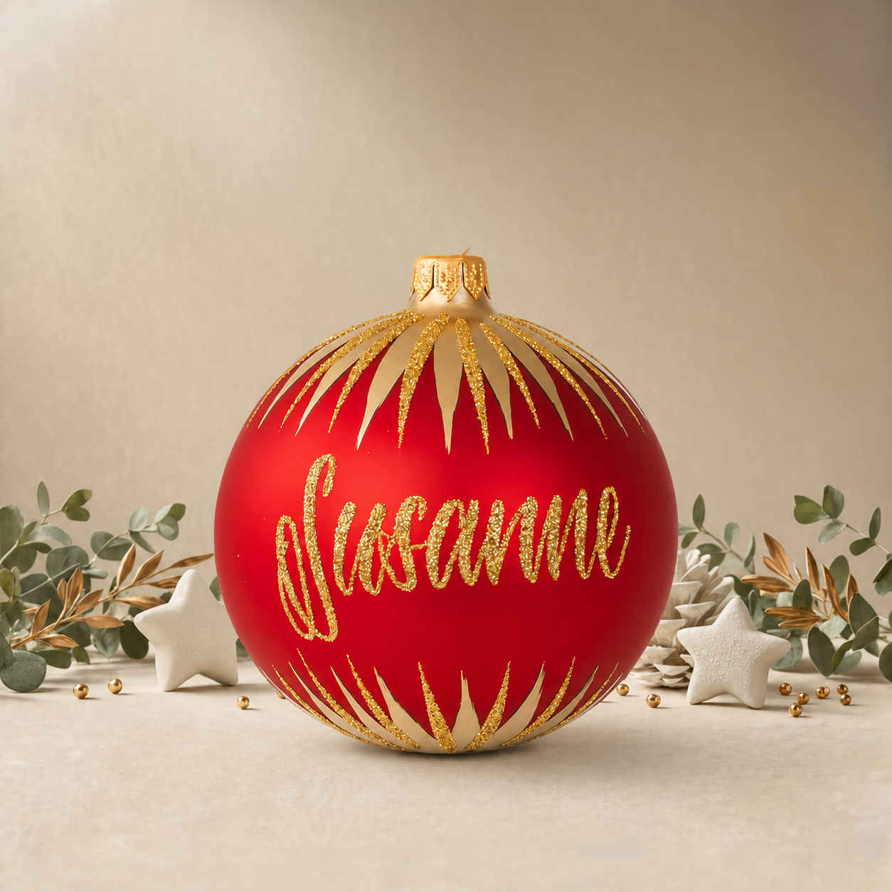 Large Red Bauble with Gold Icicles front