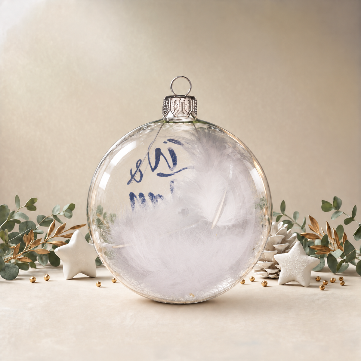 Large Clear Bauble with White Feathers