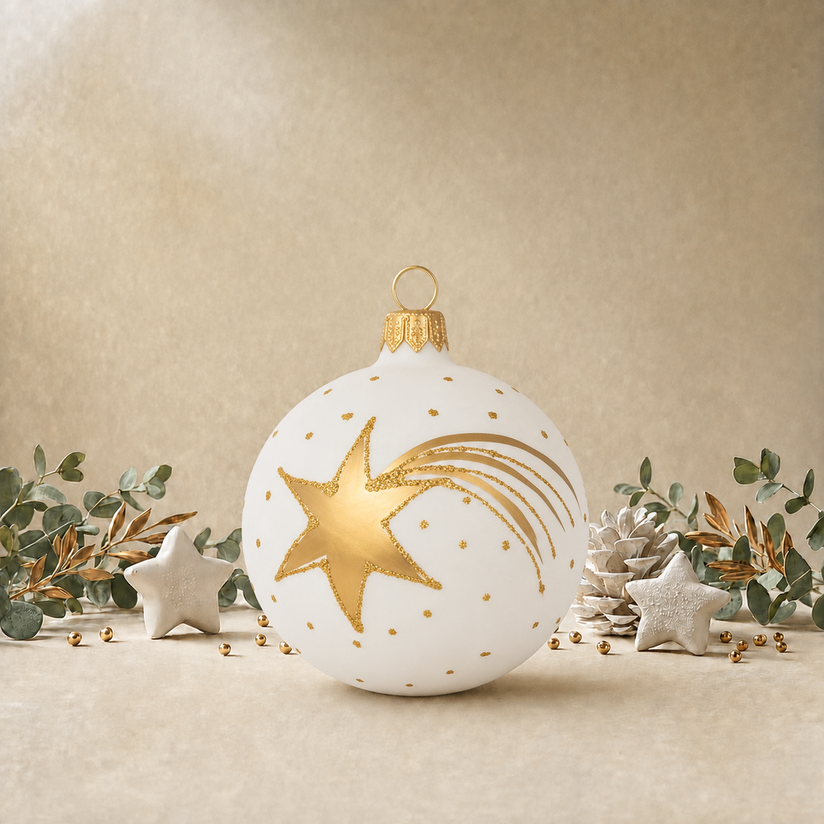 Matte White Bauble with Gold Shooting Star back