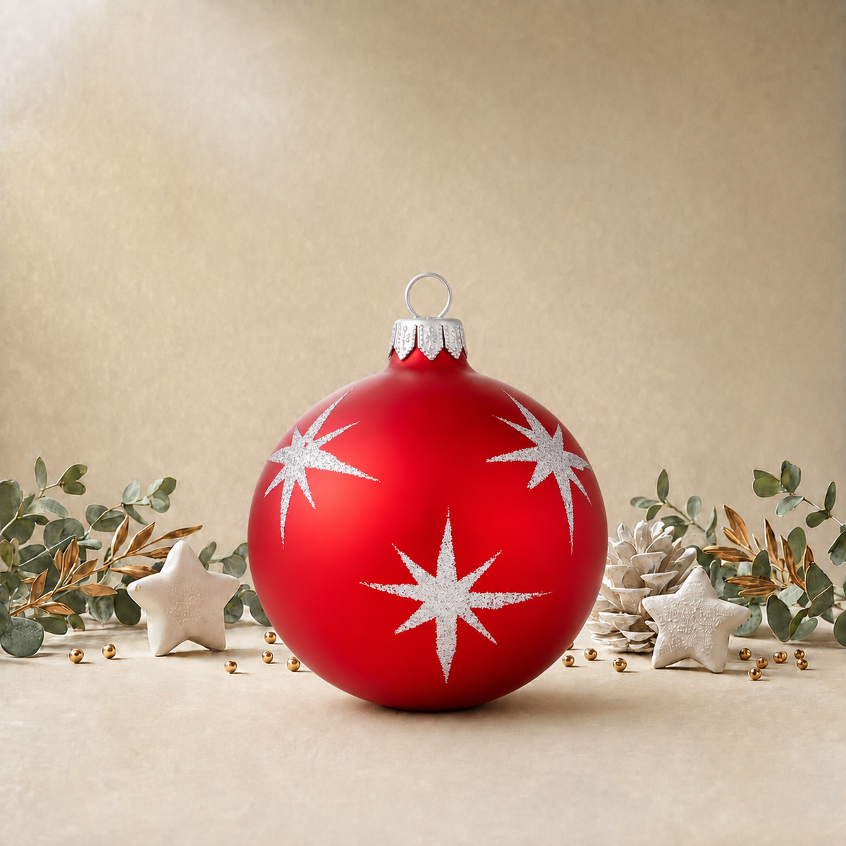Pearl Red Bauble with Silver Stars back