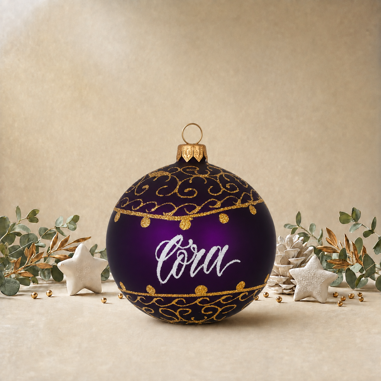 Purple Bauble with Gold Ornamental Pattern front