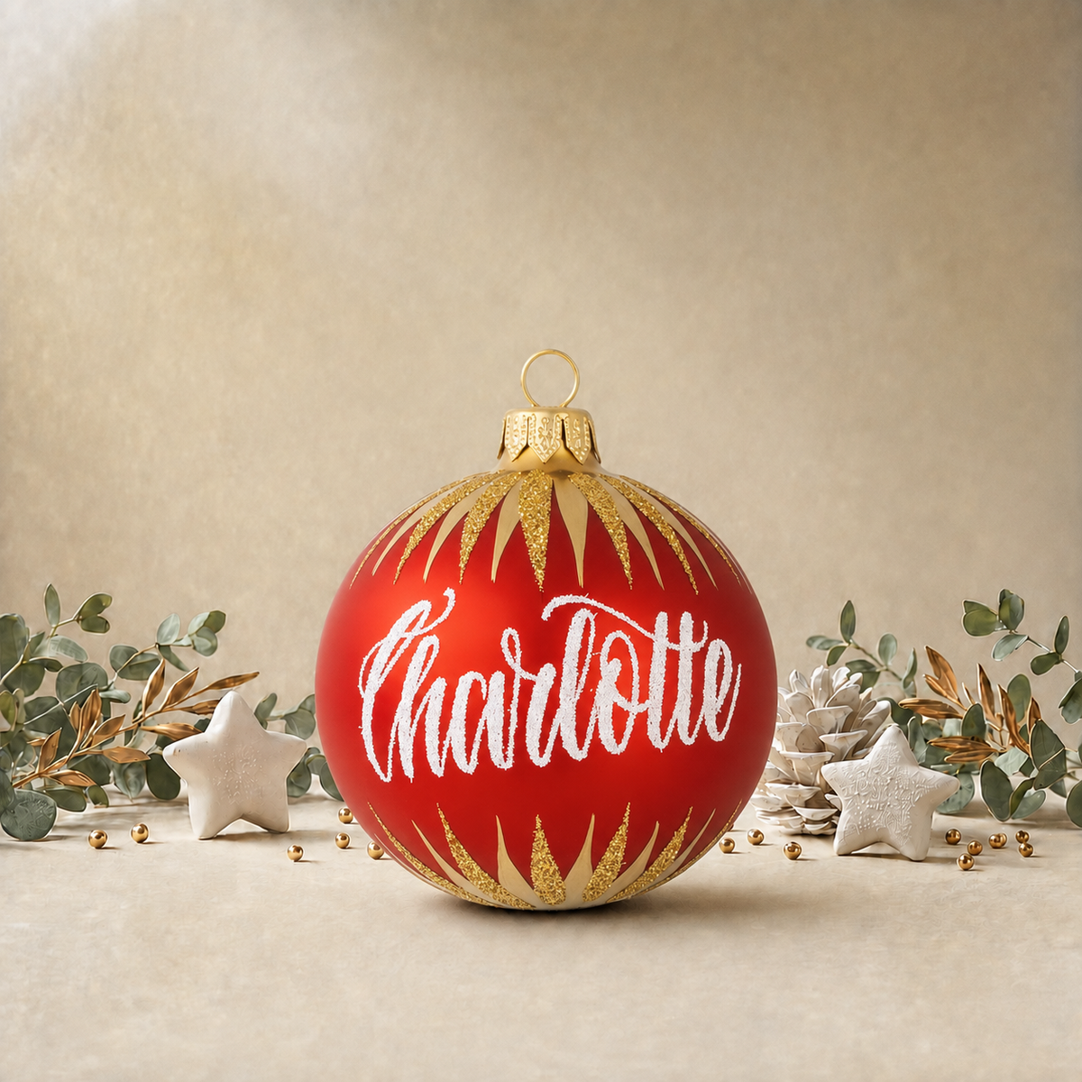 Medium Red Bauble with Gold Icicles front