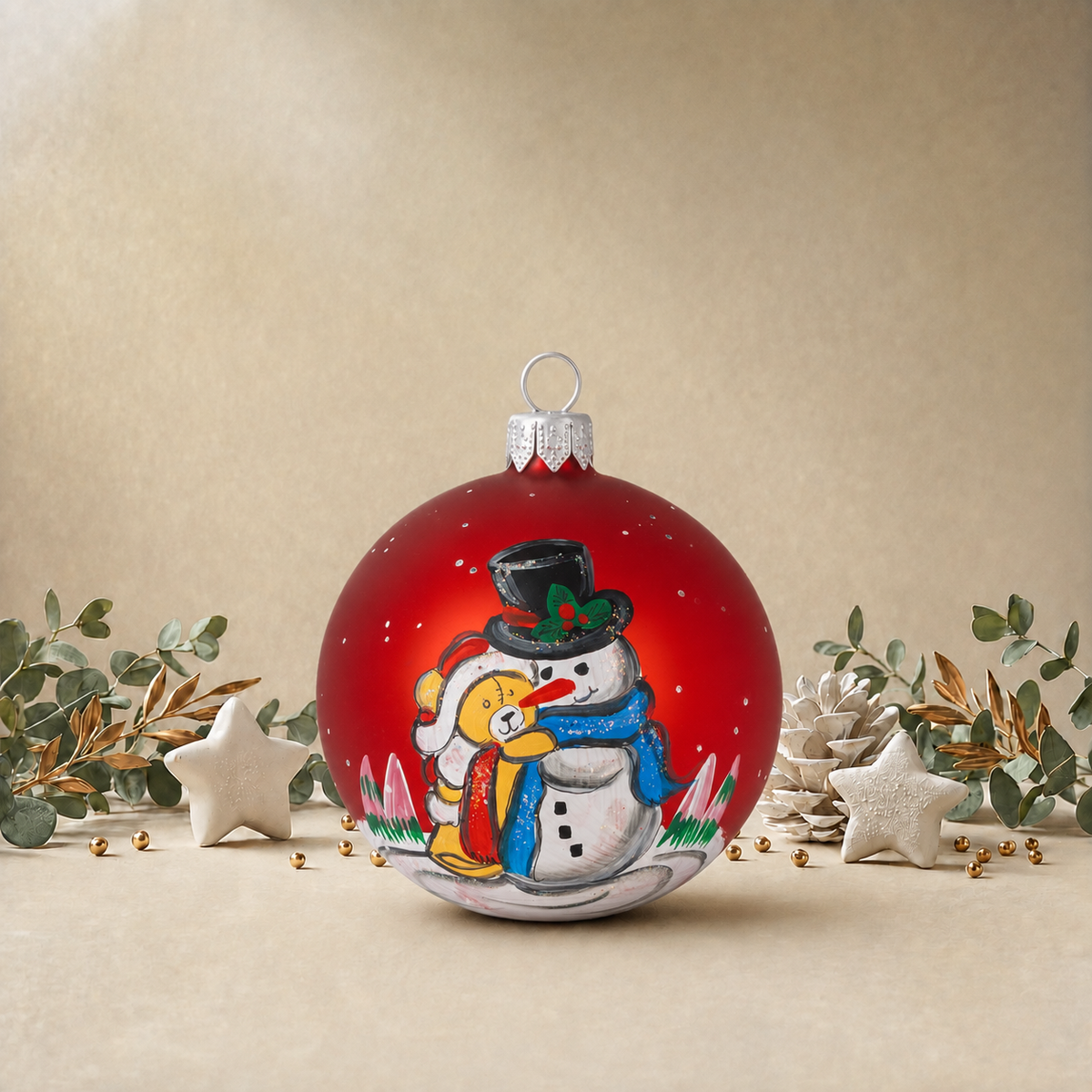 Snowman Hugging His Teddy Bear - Red back