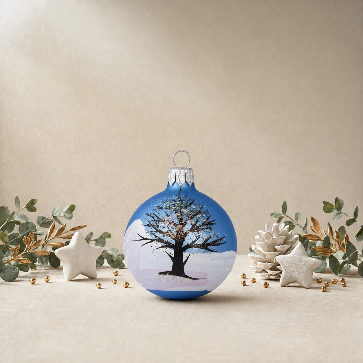 Light Blue Bauble with Wintery Tree Covered in Snow