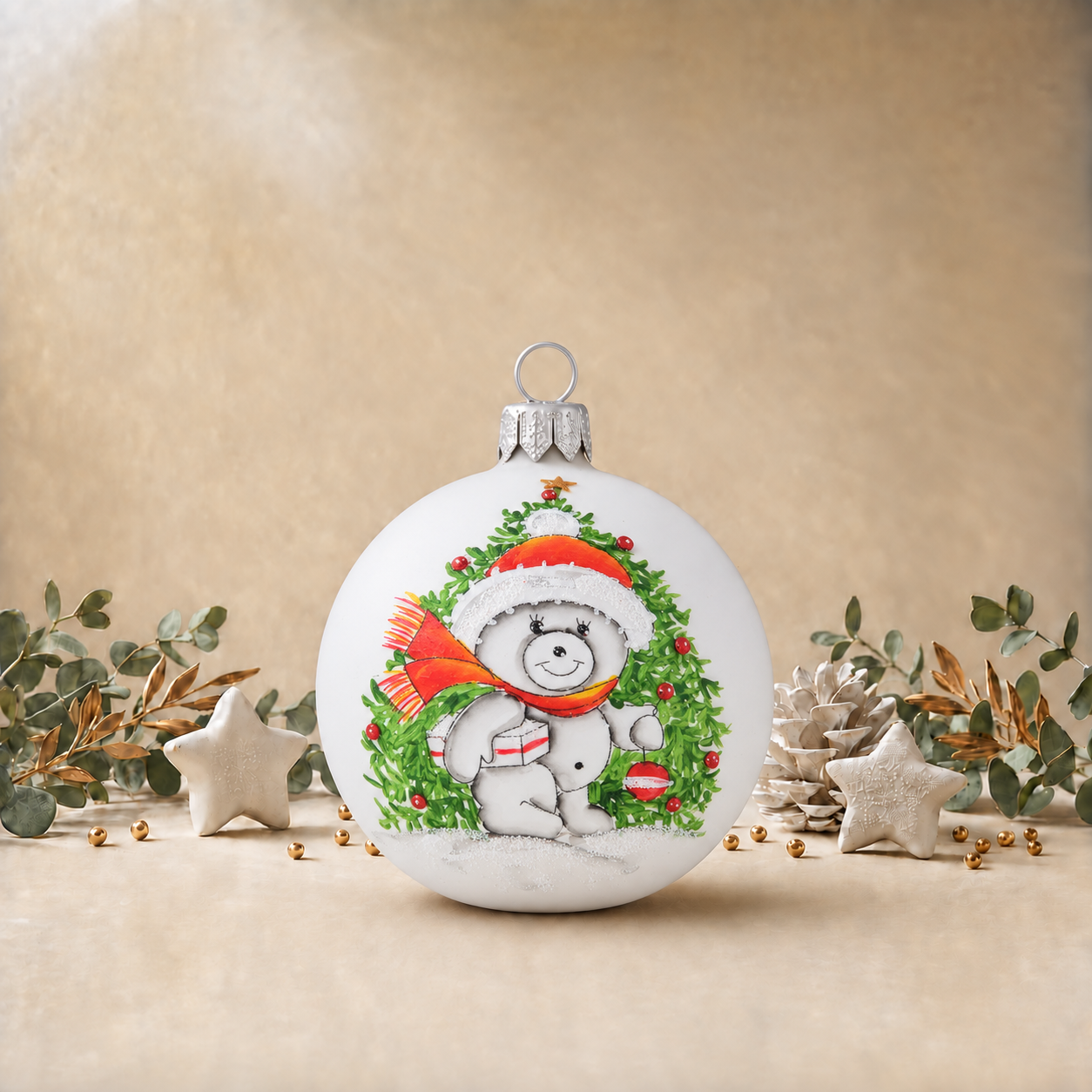 White Bauble with Teddy Bear & Christmas Tree