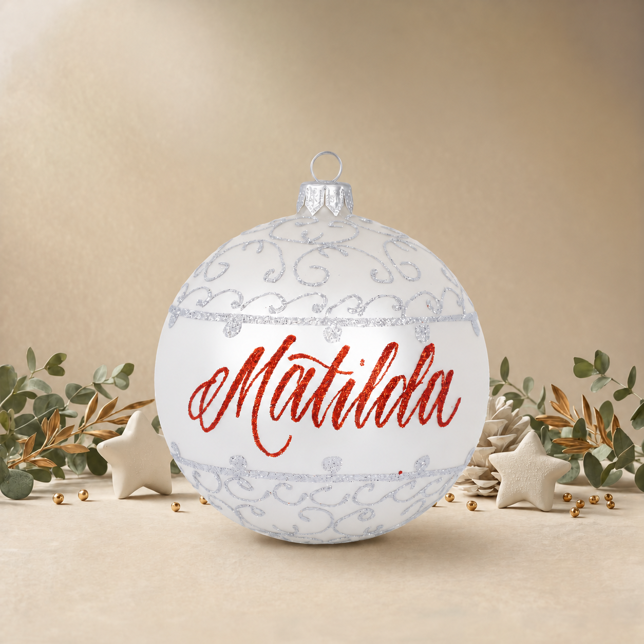 White Bauble with Silver Ornamental Pattern front