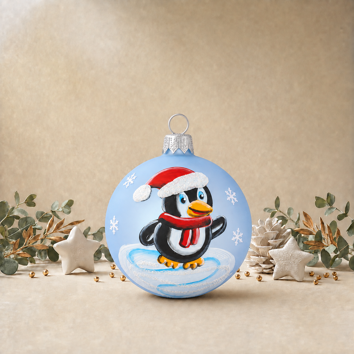 Cute Waving Penguin with Christmas Hat - Baby Blue