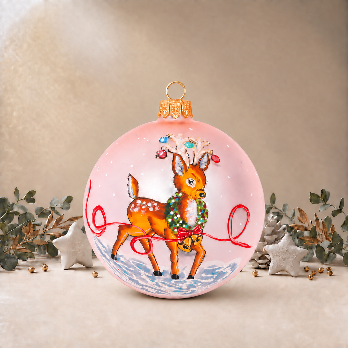 Cute Reindeer with Bells - Pink personalised Christmas bauble, front