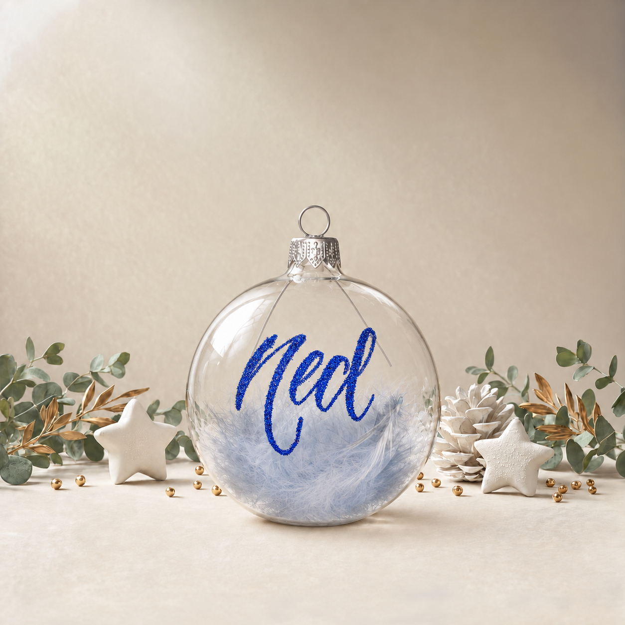 Clear Bauble with Baby Blue Feathers