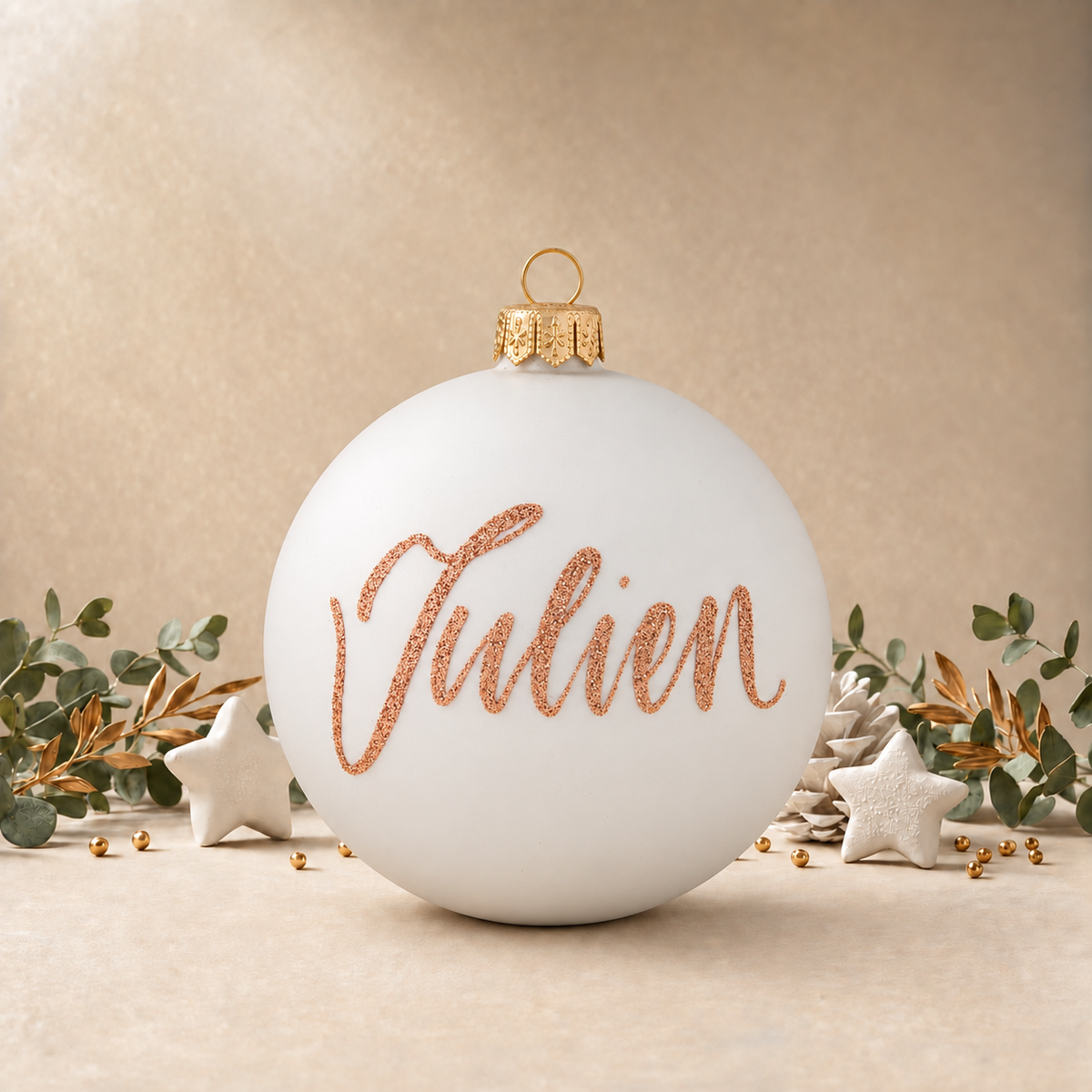White Bauble with Santa & Puppy