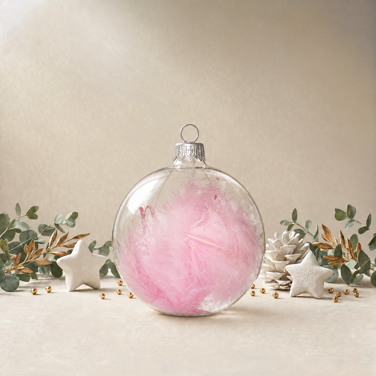 Clear Bauble with Pink Feathers
