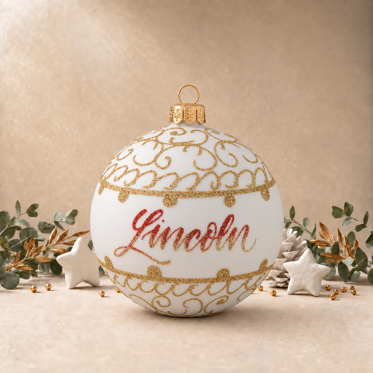 Matte White Bauble with Gold Ornamental Pattern