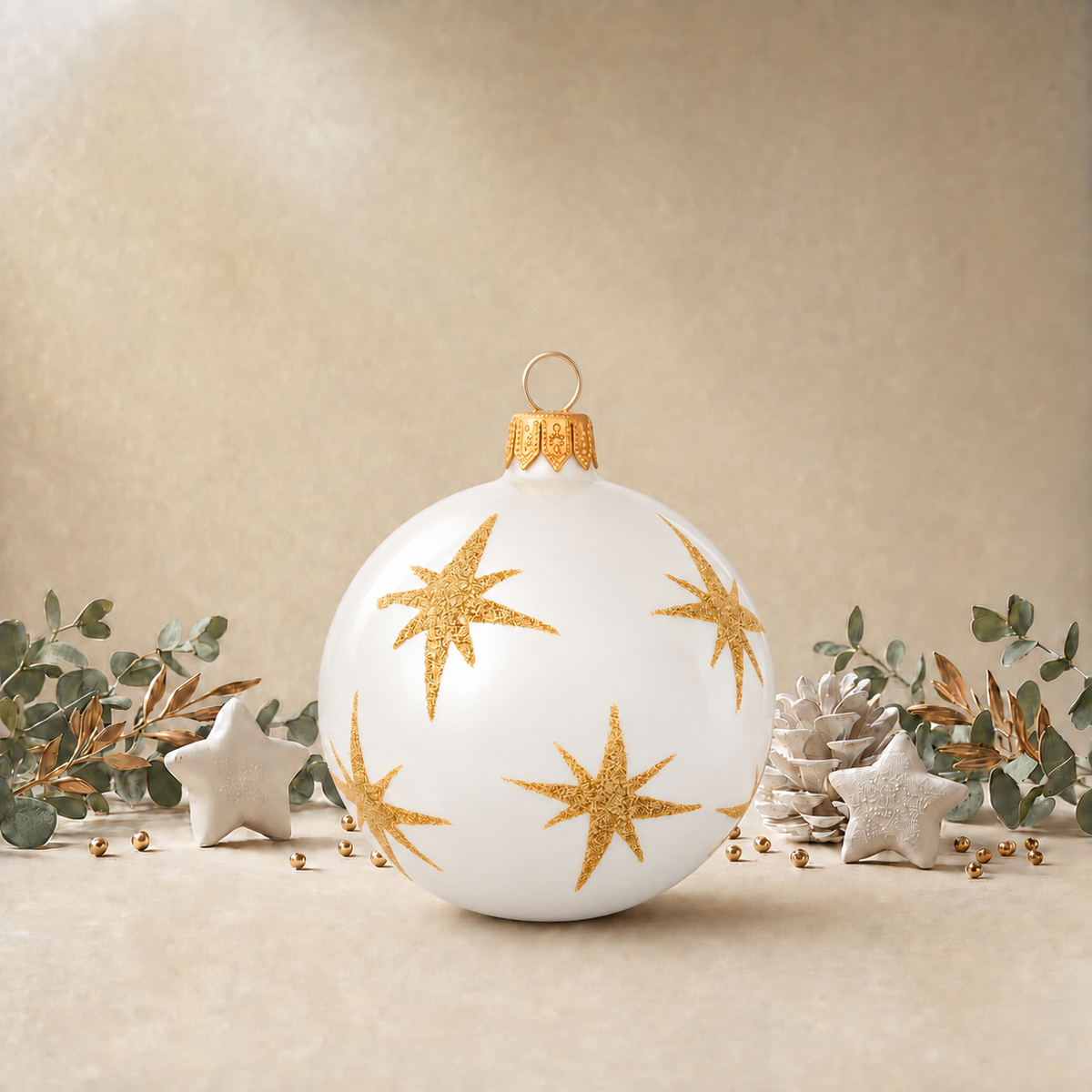 Medium Pearl White Bauble with Gold Stars