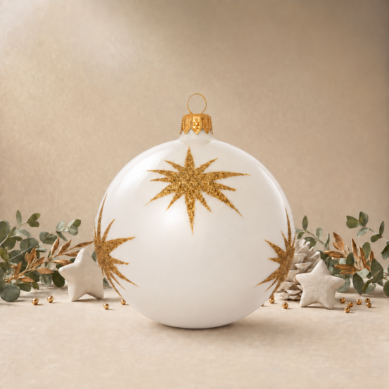 Large Pearl White Bauble with Gold Stars