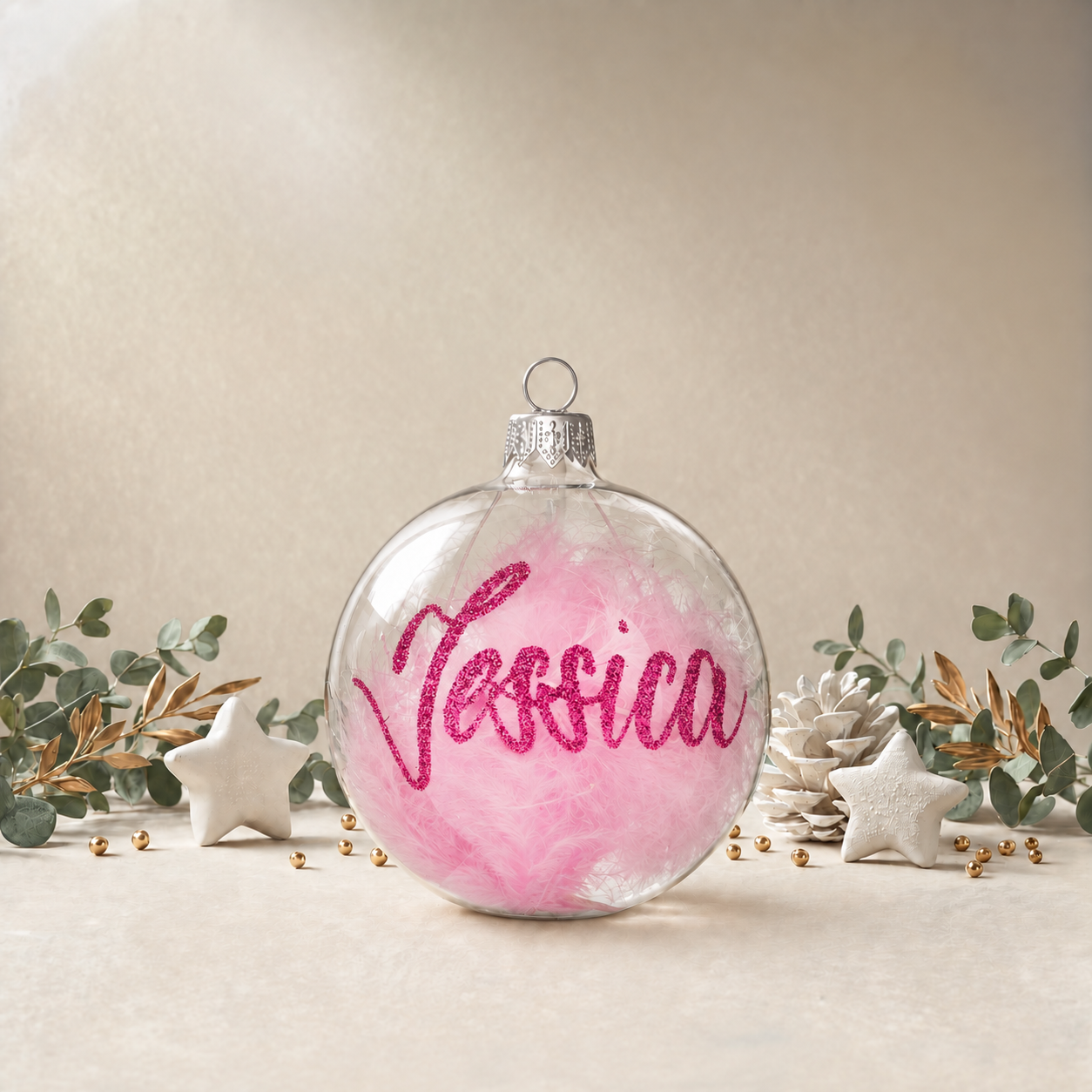 Clear Bauble with Pink Feathers