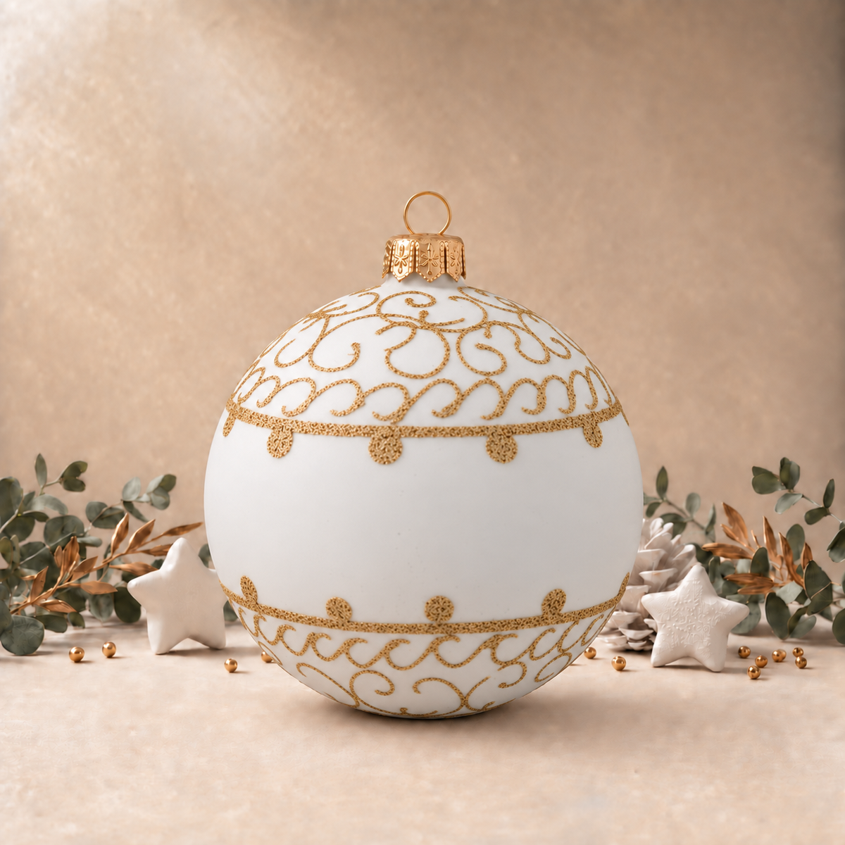 Matte White Bauble with Gold Ornamental Pattern