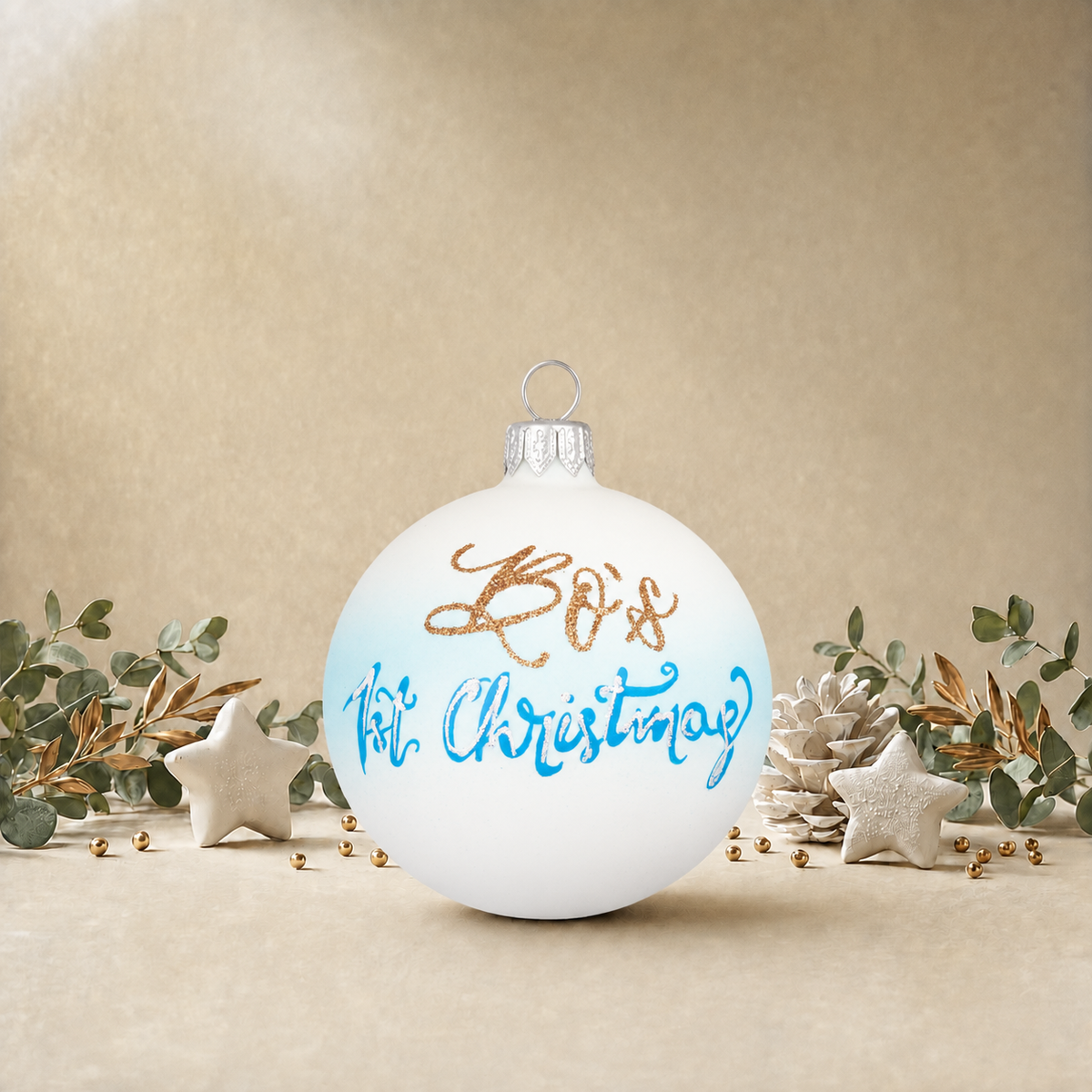 Baby Blue & White 1st Christmas Bauble front
