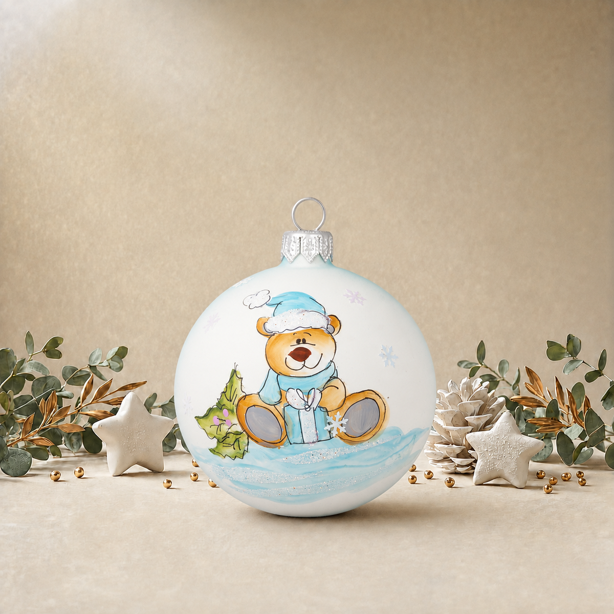 Medium Baby Blue Bauble with Teddy Bear & Blue Present back
