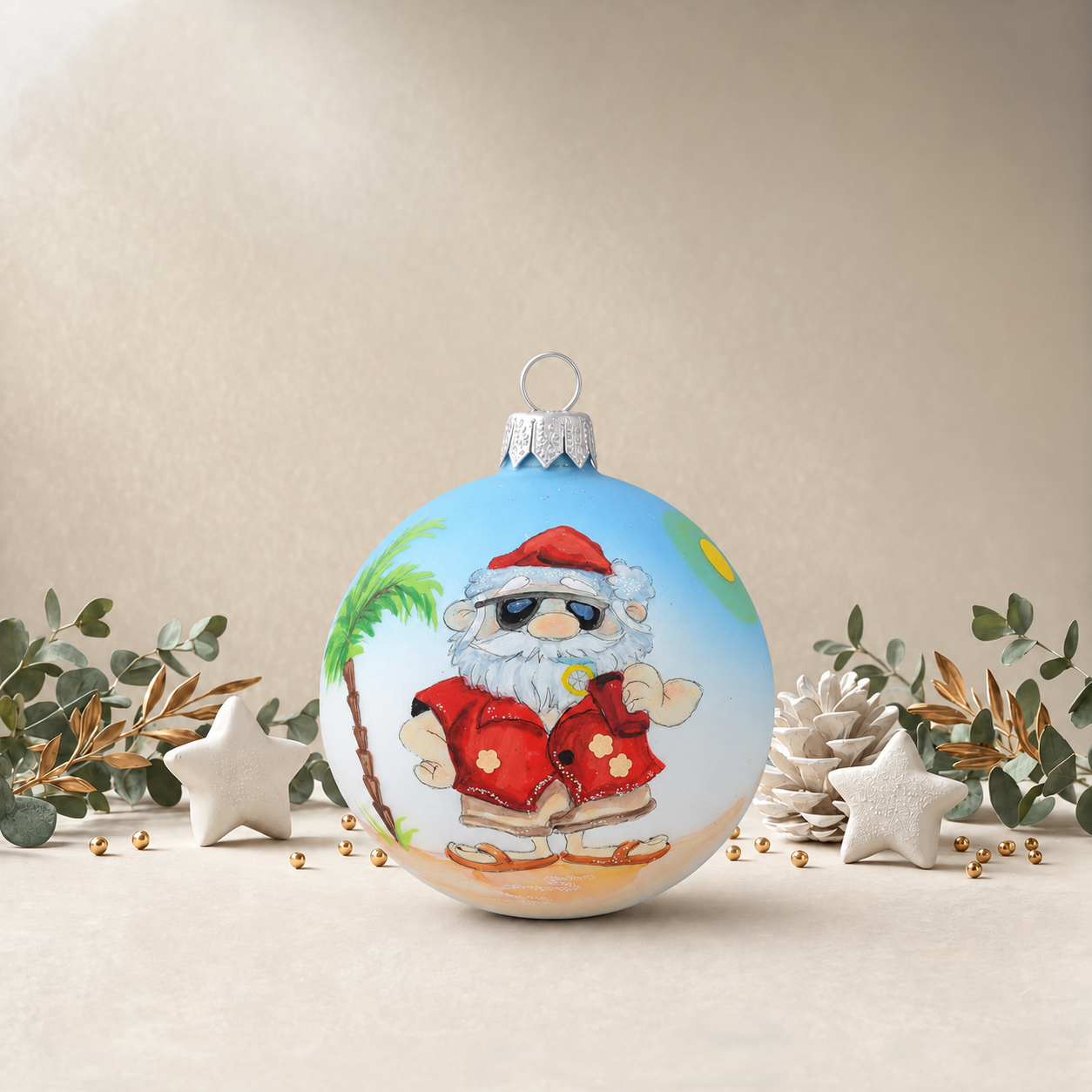 Baby Blue Bauble with Santa on Beach