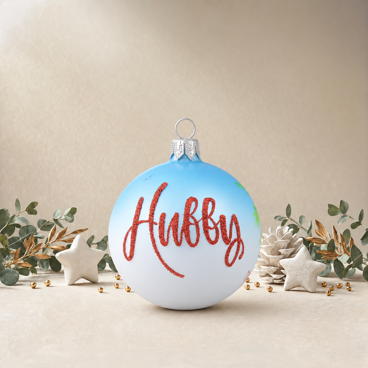 Baby Blue Bauble with Santa on Beach