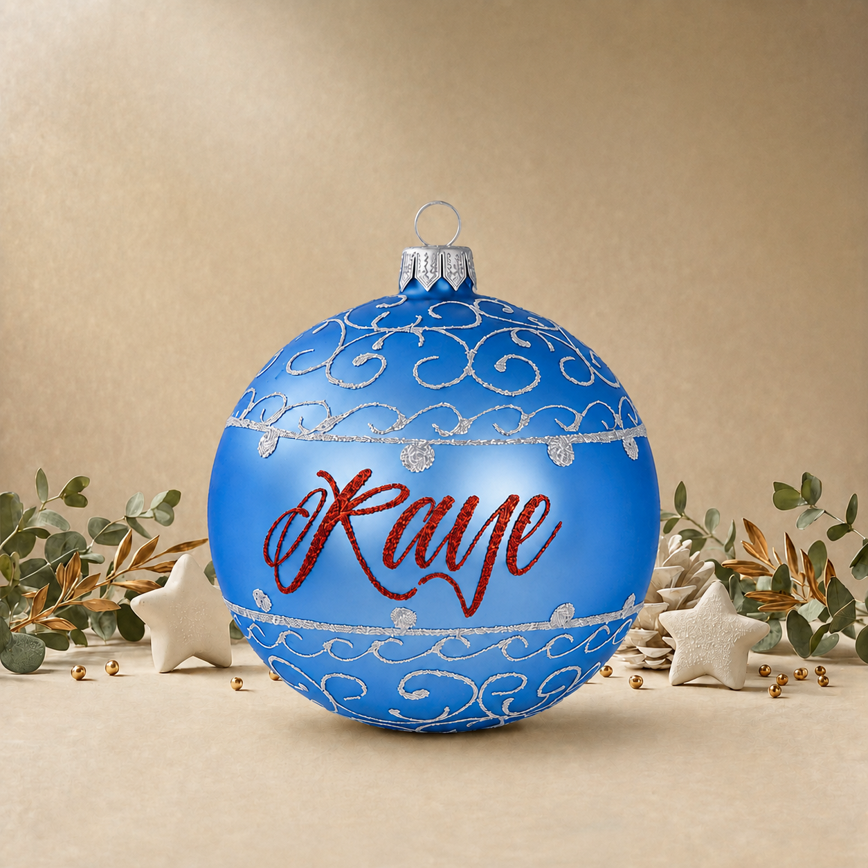 Baby Blue Bauble with Silver Ornamental Pattern front