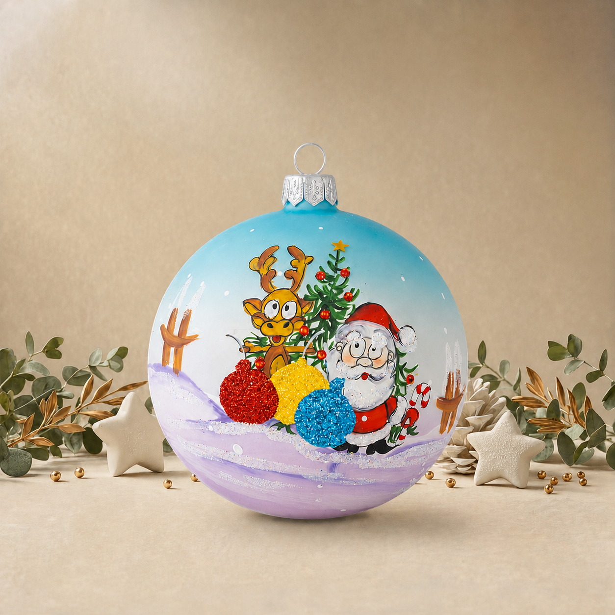 Santa with Reindeer and Christmas Tree - Baby Blue back