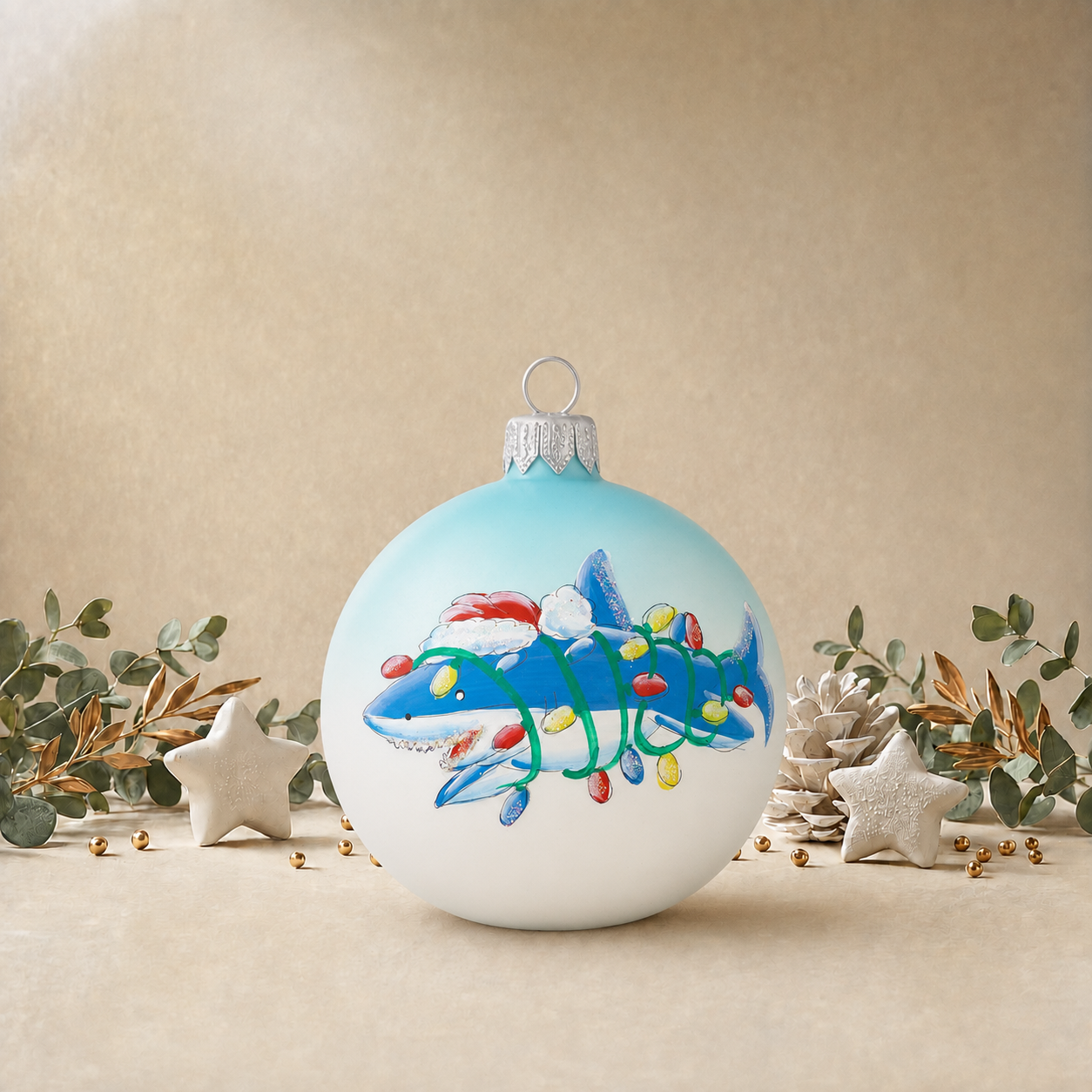 Shark Tangled in Christmas Lights - Baby Blue back