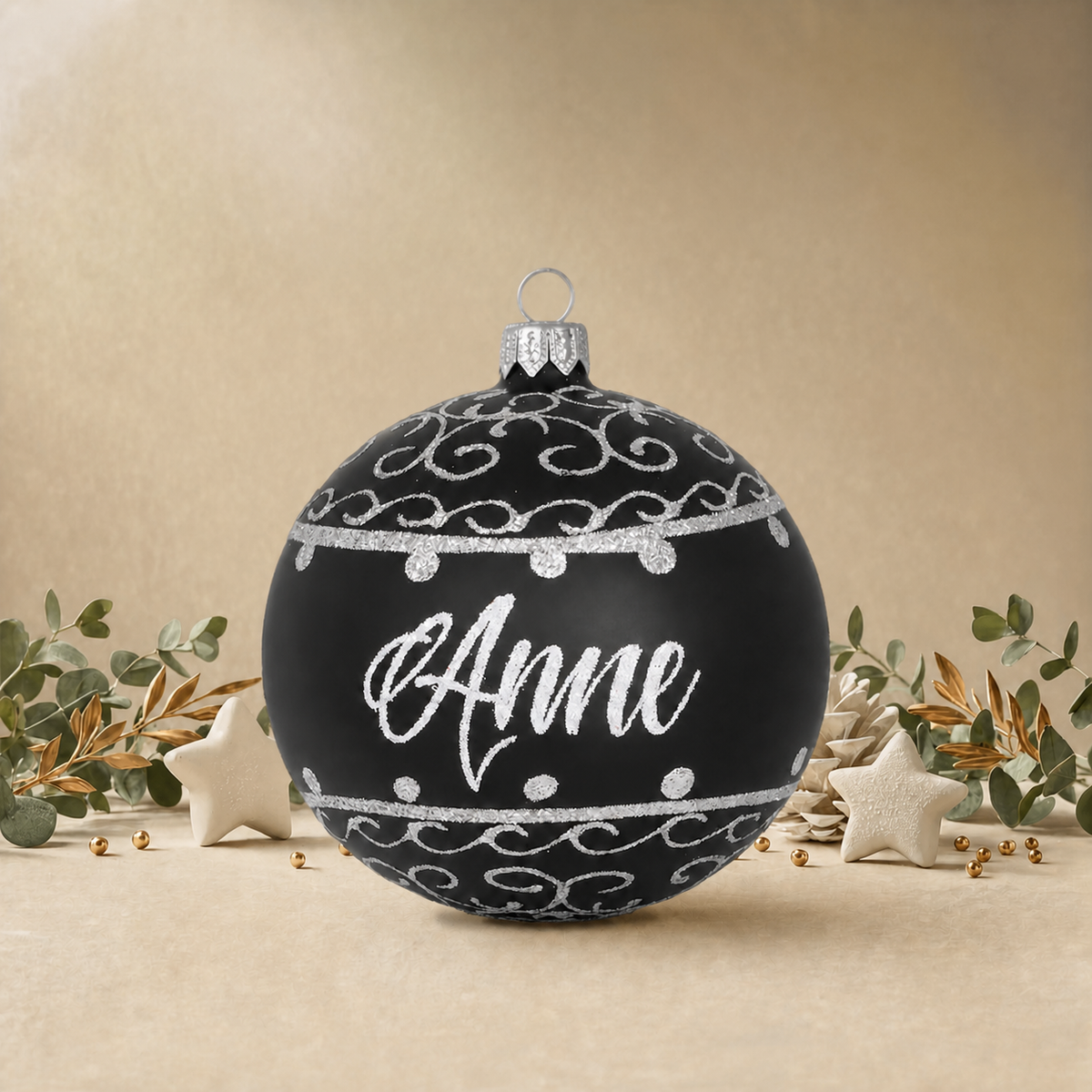 Black Bauble with Silver Ornamental Pattern front