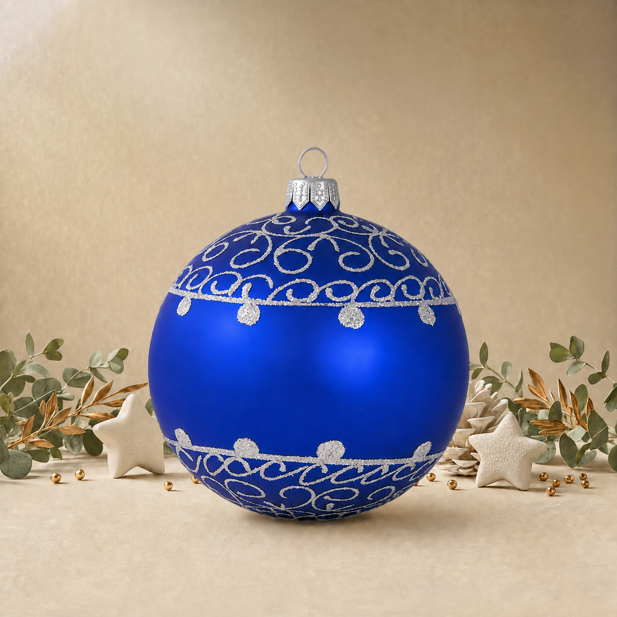 Large Dark Blue Bauble with Silver Ornamental Pattern back