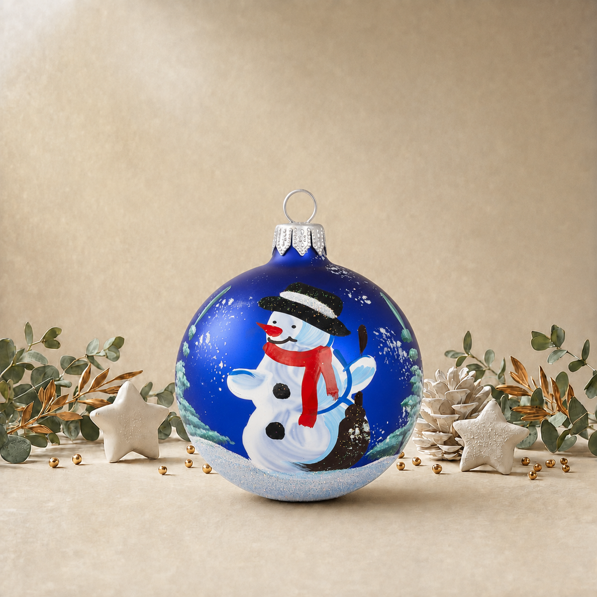 Snowman Carrying Broomstick - Blue back
