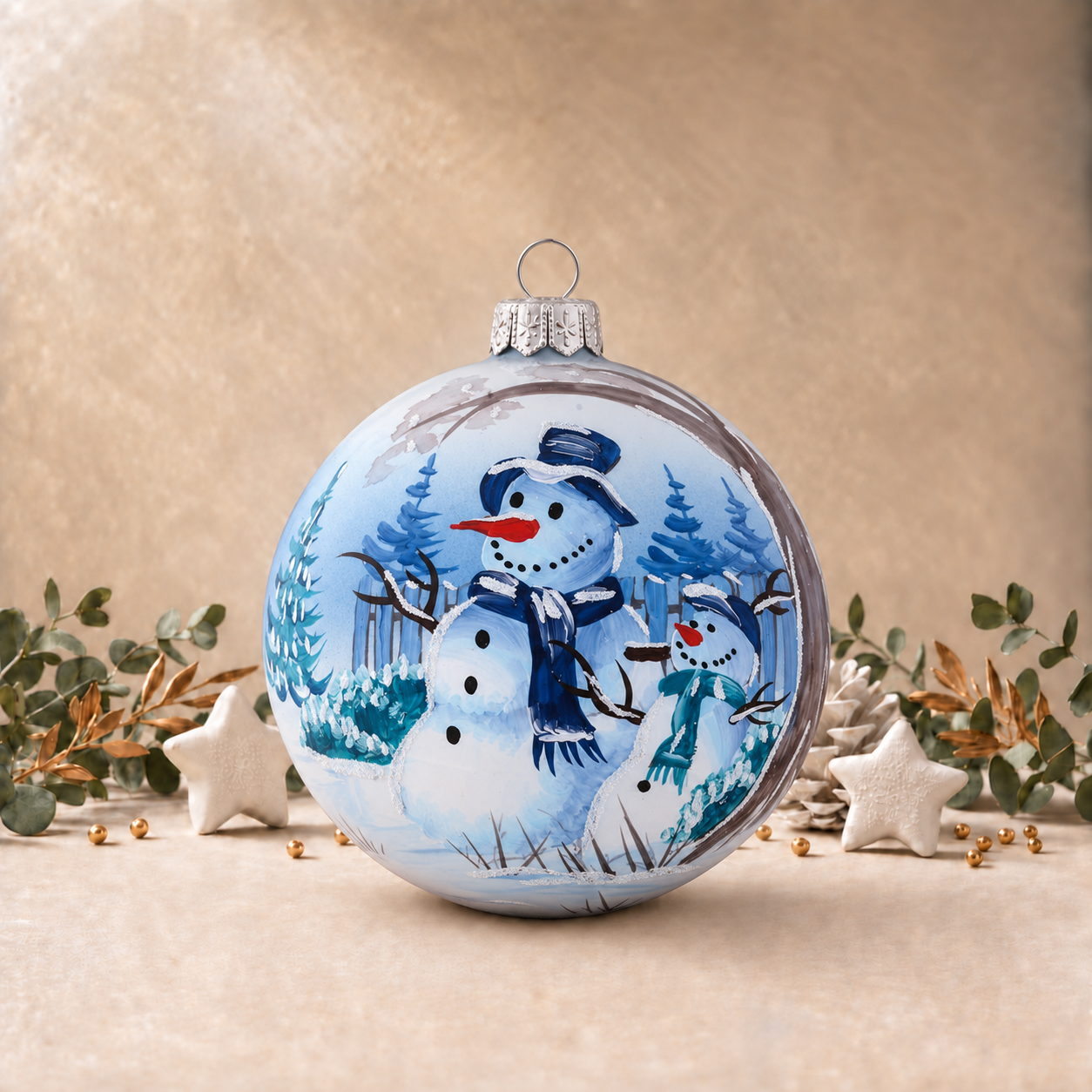 Snowman Family in Forest - Blue