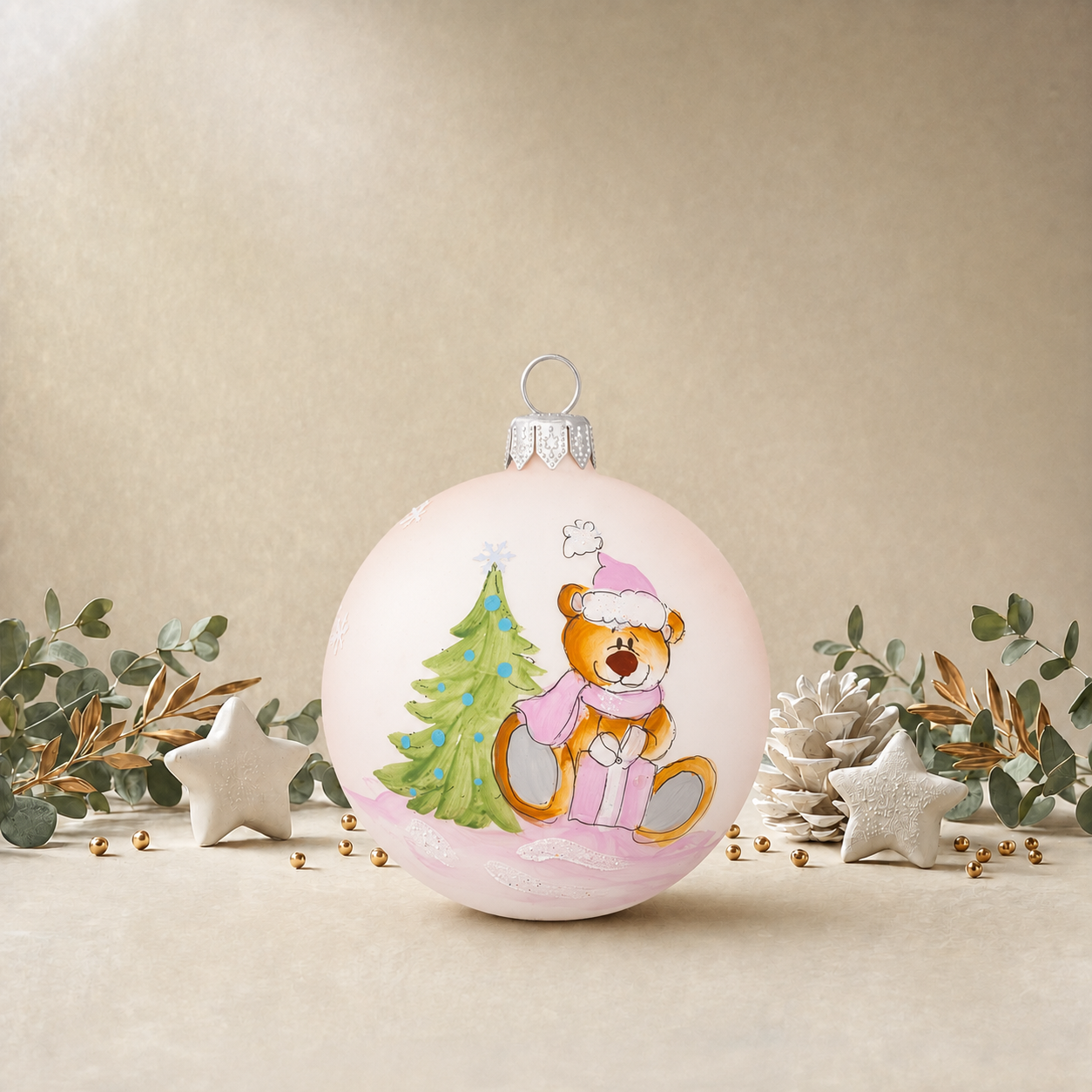 Medium Baby Pink Bauble with Teddy Bear & Pink Present back