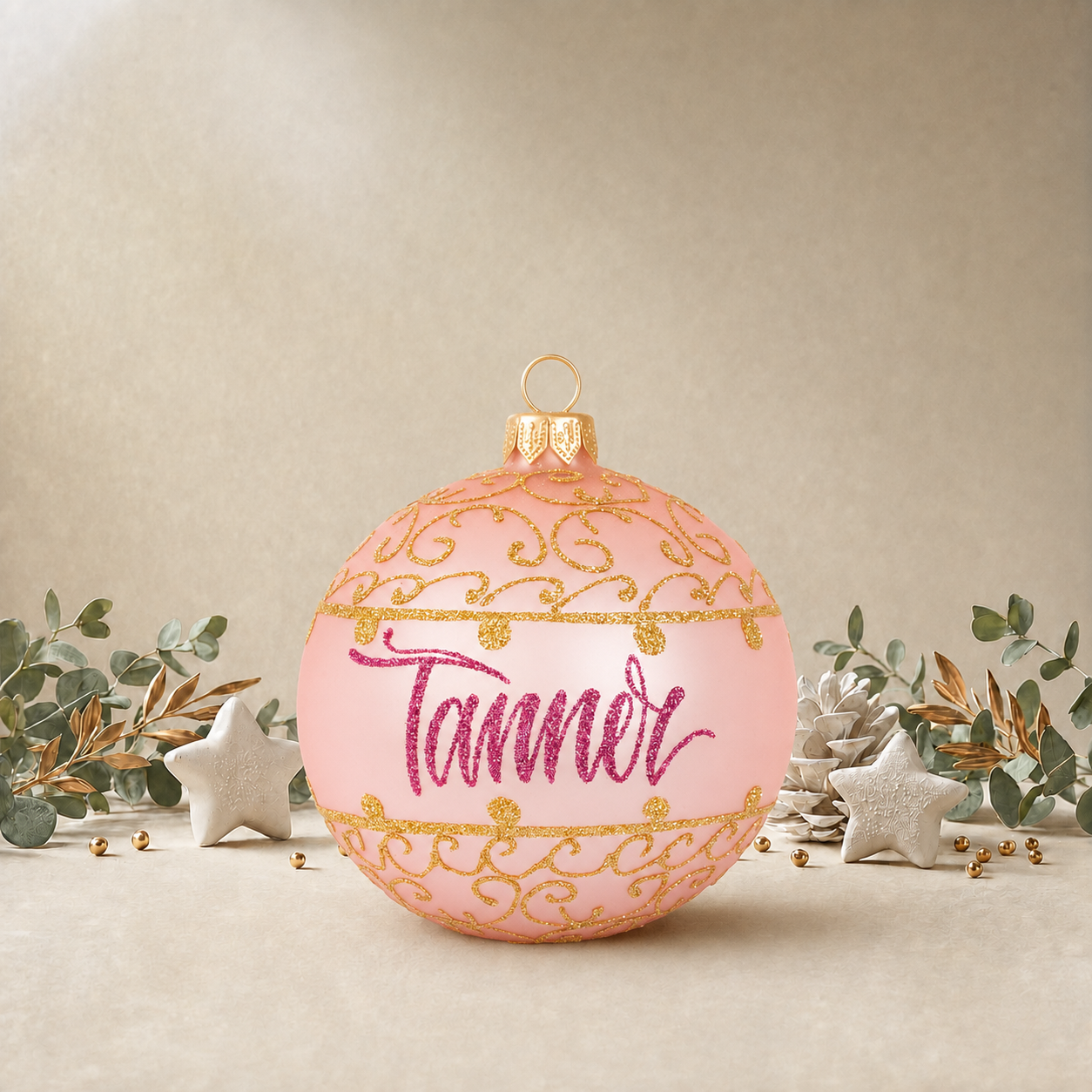 Baby Pink Bauble with Gold Ornamental Pattern front